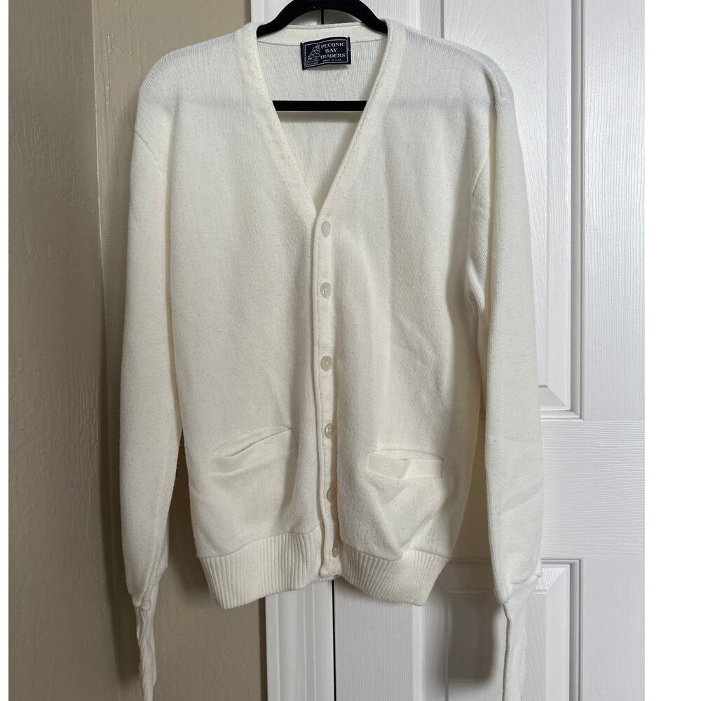 Vintage Peconic Bay Traders Cream Knit Cardigan Made USA V-Neck Grandpa‎ Sweater